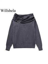 Women's Sweaters Willshela Women Fashion Grey Pleated Knitted Pullover Sweater Vintage ONeck Long Sleeves Female Chic Lady Tops 231116