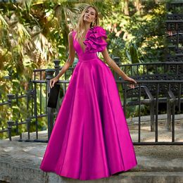 Hot Fuchsia Evening Formal Dress Elegant V Neck Ruffles Satin A-line Women's Formal Prom Gowns 2023 Arabic Saudi Arabia Vestidos Longo Robe De Soiree