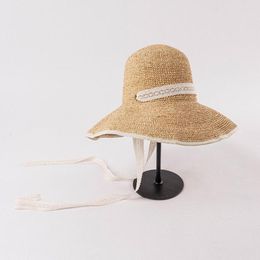 Wide Brim Hats 202303-HH5192 Summer Holiday Lace Ribbon Shade Handmade Raffia Grass Lady Sun Cap Women Leisure Hat