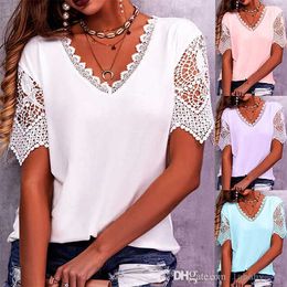 Plus Size S-5XL Womens Designer T Shirt 2023 Summer Fashion Lace Patch Tee Shirt Loose V-neck Short Sleeve T-shirt Womens Tops
