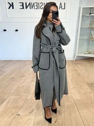 Women's Wool Blends Quilted Long Trench Coat For Women Grey Belted Open Stitch Overcoat Fashion Streetwear Jackets 2023 231116