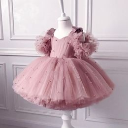 Girl's Dresses 0-5Y baby girl dress baby dress christening dress pearl mesh princess dress tutu bow birthday party dress baby girl dress 230417