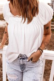 Women's Blouses White Lace Crochet Lace-up Open Back Puff Sleeve Top Blouse For Women