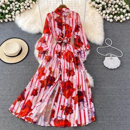 Casual Dresses High-End Light Luxury Stand Up Collar Lantern Sleeve Single-Breasted Dress Elegant Lady Spring Shirt Long Maxi Robe M1931