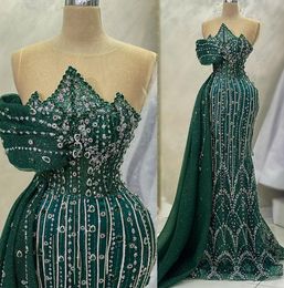 2023 April Aso Ebi Beaded Crystals Prom Dress Dark Green Mermaid Evening Formal Party Second Reception Birthday Engagement Gowns Dresses Robe De Soiree ZJ5800