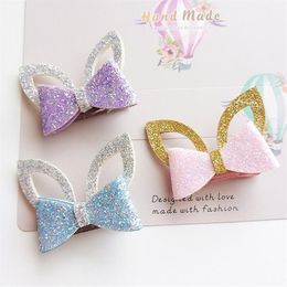 24pc lot Glitter Felt Gold Leather Baby Girls Hair Clip Silver Rabbit Ears Hair Barrette Cute Animal Princess Hair Ties Hairband219V