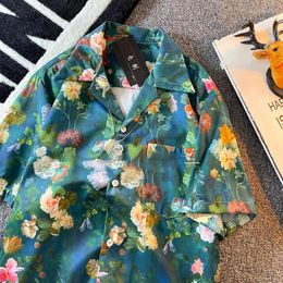 Men's Casual Shirts Vintage Oil Painting Flower Shirt Men's Short Sleeved Summer Ice Silk Loose Thin Clothes Men Women Handsome Cuban