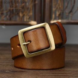 Belts 3.8cm Width Thick Retro Cowhide Genuine Leather Belt For Men Solid Brass Copper Pin Buckle Belts Male Str For JeansL231117