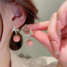 Dangle Earrings Korean Cute Pink Opal Cherry Drop Girls Shiny Zircon Butterfly For Women 2023 Trending Wedding Jewelry
