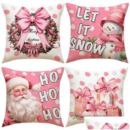 Cushion/Decorative Pillow Christmas Pink Elk Throw Pillow Er Polyester Letter Print Cushion For Living Room Sofa Bed 45X45Cm Drop Deli Dhhjk