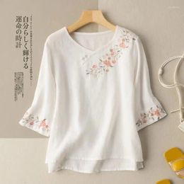 Ethnic Clothing 2023 Spring Summer Chinese Style Button Embroidery Shirt Women's Art Retro Cotton Linen Loose Top Women