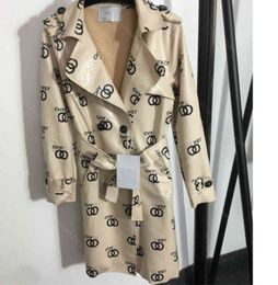 Latest Design Women Leather Trench Coat Dress Cc Printing Long Jackers Pu Chen Brand Belt Waist Slimming Womens Designer Clothes Wholesale 33