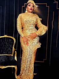 Ethnic Clothing African Gold Sequin Maxi Dress For Women Luxury Party Evening Wear Gowns Robe Femme Stretch Long Sleeve Cocktail Vestidos