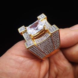 New Fashion 18K Gold Princess Cut CZ Cubic Zircon Hip Hop Bling Rings Full Diamond Iced Out Jewelry Valentine Day Gifts for Men Wh255Q