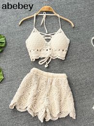 Women's Tracksuits Seaside Holiday Suit Summer Wear Retro Crochet Hollow Knitted Suspender Top Shorts 2pcs Set 230417