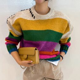 Women's Sweaters Chic Vintage Contrast Oversized Sueter Fairy Grunge Pullover O Neck Rainbow Winter Striped Knitting Sweater Women 231116