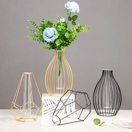 Vases Nordic Simple Golden Glass Vase Hydroponic Plant Flower Vase Iron Geometric Glass Test Tube Metal Plant Holder Modern Home Decor 231117