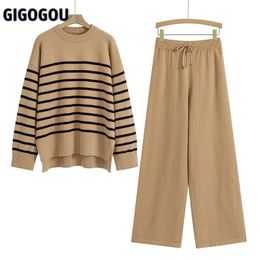 Women's Two Piece Pants GIGOGOU 2/ Two Pieces Sets Women Cashmere Tracksuits CHIC Striped Oversized Woman Sweater Drawstring Wide Leg Pants Suits 231117