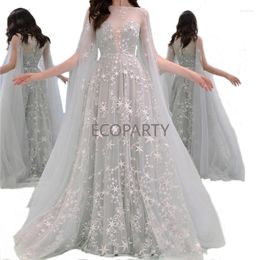 Casual Dresses Grey Elegant Maxi Evening Party Dress 2023 Women Star Mesh Tulle Floor Length Robe Fairy Bride Wedding Prom Gown Vestido