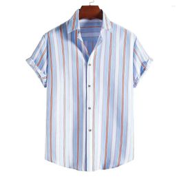 Men's Casual Shirts Blue Striped Short Sleeve Button Up Shirt Men 2023 Summer Beach Hawaiian Aloha Party Vacation Clothing Chemise Homme