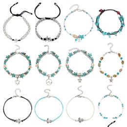 Anklets 16Pcs Anklets For Women Girls Blue Starfish Turtle Elephant Charm Ankle Bracelets Mtilayer Foot Set Jewelry Handmade Drop D Dh Dh6E8