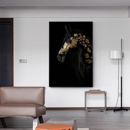 Modern Luxury Black Gold Horse Wall Art Picture Print Canvas Painting Gold Leaf Steed Animal Poster For Living Room Home Decor