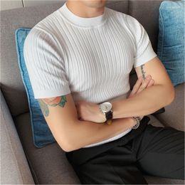 Men's T Shirts Short Sleeve Man T-shirts Streetwear Hollow Ice Silk Striped Knitted Tops Slim Fit Tee Shirt Elastic Summer Shorts Male