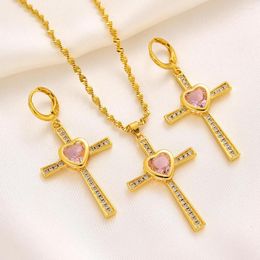 Necklace Earrings Set Dubai Colourful CZ Cross Jewellery Ethiopia Charm Christian Gold Colour For Women Simple Earring&Pendant Wedding