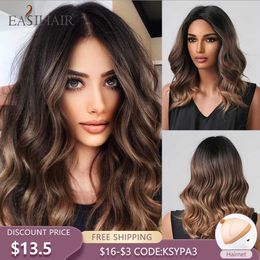 Synthetic Wigs Easihair Dark Brown Synthetic Wigs Medium Length Wavy Bob Middle Part Heat Resistant Natural Hair for Women Cosplay 230227