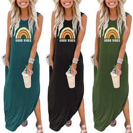 Casual Dresses Fashion plus size women's sleeveless dress retro rainbow good vibes print pocket dress long skirt women's top 230417