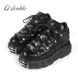 Boots U-DOUBLE Brand Punk Style Women Shoes Lace-up heel height 6CM Platform Shoes Woman Gothic Ankle Boots Metal Decor Woman Sneakers 231116