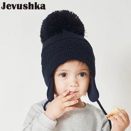 Caps Hats Winter Kids Hat Big Pompom Cartoon Cotton Knit Baby Beanie Hats for Boys and Girls with Fleece Lining Bomber Caps for Children 231115