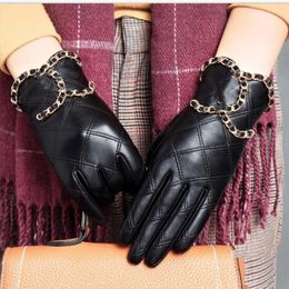 Fünf-Finger-Handschuhe, 100 % echtes Schaffell-Leder mit Metall-Logo, Handschuhe für Herbst und Winter, gepolstert, verdickt, für Frauen, Fahren, Reiten, Outdoor-Sport, Weihnachtsgeschenk
