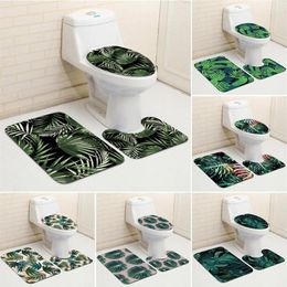 Tropical Plant Leaf Green Style Bathroom Decorative 3 Piece Set Non Slip Mat Toilet Seat Cover Elegant Stylish Bath Accessories 21292W