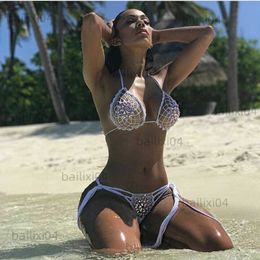 Women's Swimwear Anibol Hollow Out Sexy Crochet Bikini Crystal Diamond Micro Women's Triangle Swimsuit Luxury Rhinestone Split Swimwear T230417