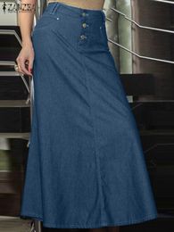 Skirts ZANZEA Women High Waist Denim Blue Skirt Fashion Summer A-line Party Long Skirts Faldas Saia Vintage Solid Work Maxi Skirt Jupe 230417