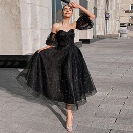 Party Dresses Eeqasn Black Glitter Tulle Midi Prom Removeale Short Sleeves Girl Homecoming Gowns Women Formal Occasion Dress