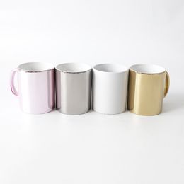 Wholesale! 11oz sublimation Electroplated Cup Gold Handle Ceramic Coffee Mugs with Handle Reusable Tumblers LG24