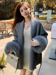 Women's Wool Blends High-end Gray Reversible Cashmere Coat for Women Winter OL Midi Belt Lace-up Slim Fit Fox Fur Elegant Cloak Woolen Coat 231116