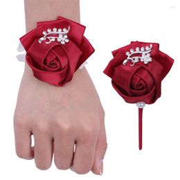 Decorative Flowers Promotional Groom Suit Lapel Pin Bride Bridesmaid Wrist Flower Corsage Ribbon Rhinestone DIY Wedding Business Supplies