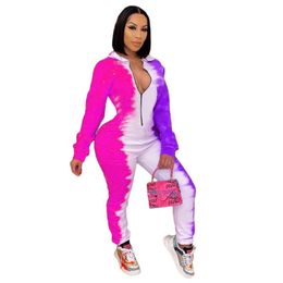 Women's Jumpsuits & Rompers Fashion Print Color Block Body Jumpsuit Women Sexy Zipper V Neck Long Sleeve Pants Bodycon Club Party Womens