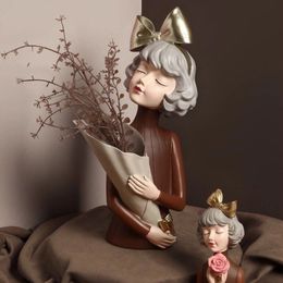 Vases Creative Bow Girl Resin Vase Statue Decoration Modern Minimalist Living Room Porch Bedroom Desktop Shop Window Gift 231116