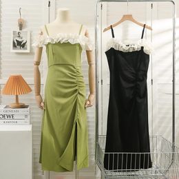 Casual Dresses Fashon Lace Ear Edge Spaghetti Strap Dress For Women Holiday Sexy Backless Midi Long Sling Green Slip Summer