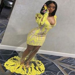 Sexy Yellow Black Girls Prom Dress 2023 Elegant Mermaid Evening Gowns V Neck Floor Length Long Sleeve Birthday Party Graduation Formal Occasion Vestidos De Noche