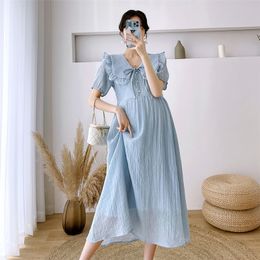 Maternity Dresses French Lacing Peter Pan Collar Maternity Dresses Pregnancy Summer Clothes For Pregnant Women Solid Slim Elegant Long Vestidos 230417