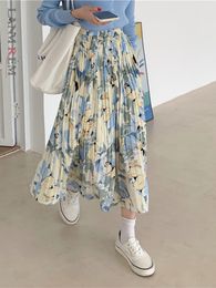 Skirts LANMREM Floral Skirts High Waist Thin Medium Long Chiffon Printed Pleated Long Skirt For Women Spring Summer 2R1165 230417