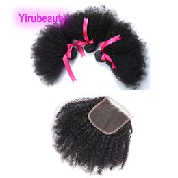 Brazilian Peruvian 100% Human Hair Wefts With 4X4 Lace closure Afro Kinky Curly Free Part 4 Pcs/lot Natural Color