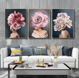 Pink White Flower Lady Poster Personality Fashion Abstract Woman Print Canvas Art Painting Wall Picture Modern Living Room Decor3705010