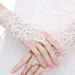 Lace Bridal Gloves Fingerless Ribbon Beads Short Wedding Gloves Rhinestone Party Opera Dance Accessories1718