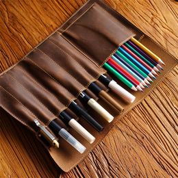 Pencil Bags Genuine Leather Pencil Case Pen Roll Up Bag Retro Multifunctional Storage College Art Stuff Organizer Wrap Foldable Tool Pouch 230417